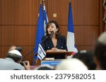 Small photo of Toulouse, France - Oc. 12, 2023 - Hamas attacks in Israel: Carole Delga, president of Occitanie Region, former minister, gives a speech in homage to the victims at Hekhal David Great Synagogue
