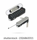 Small photo of Metallic boxed pocket knife with calculator and measure isolated on white background. Multifunctional pocket knife, blade tips, big screen calculator and measure meter gauge.