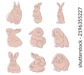 Cute rabbit, bunny, line art, color spots, set, pastel brown