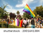 Small photo of Porto, Portugal - July 3th, 2021: Gay pride protest with rainbow colors in Porto at Jardim de Teofila Braga