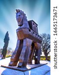 Small photo of Troy, Turkey, Canakkale, TURKEY - 19 February 2020: The Trojan Horse is a tale from the Trojan War about the subterfuge that the Greeks used to enter the city of Troy and win the war. bottom view