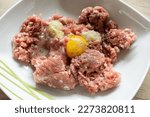 Minced meat, egg, onion and spices in a bowl. Preparing minced cutlets in Poland, traditional Polish kotlety mielone.