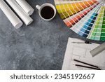 Small photo of Home floor plans, building structural blueprint projects, color scheme palette guide catalog with colour swatches, accessories for architect or interior designer. Flat lay composition with copy space.