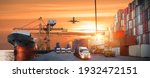 Small photo of Container truck in ship port for business Logistics and transportation of Container Cargo ship and Cargo plane with working crane bridge in shipyard at sunrise, logistic import export Concept