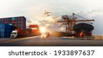 Small photo of Container truck in ship port for business Logistics and transportation of Container Cargo ship and Cargo plane with working crane bridge in shipyard at sunrise, logistic import export concept