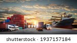 Small photo of Logistics and transportation of Container Cargo ship and Cargo plane with working crane bridge in shipyard at sunrise, logistic import export and transport industry background