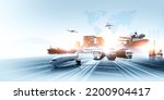 Small photo of Global business of Container Cargo freight train for Business logistics concept, Air cargo trucking, Rail transportation and maritime shipping, Online goods orders worldwide