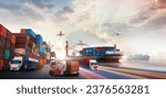 Small photo of Industrial Container Cargo freight ship, forklift handling container box loading for logistic import export and transport industry concept