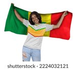 Small photo of Young soccer fanatic woman with white sports jersey and flag to Senegal in his hands, happy for the victory of his favorite team.