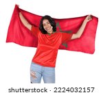 Small photo of Young soccer fanatic woman with red sports jersey and flag to Morocco in his hands, happy for the victory of his favorite team.