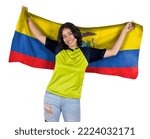 Small photo of Young soccer fanatic woman with yellow sports jersey and flag to Ecuador in his hands, happy for the victory of his favorite team.