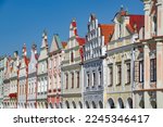 TELC (TELČ), CZECH REPUBLIC (CZECHIA) – SEPTEMBER 24, 2020: Main square Náměstí Zachariáše z Hradce with beautiful colorful renaissance buildings on a sunny day