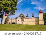 KRALIKY (KRÁLÍKY), CZECH REPUBLIC (CZECHIA) – SEPTEMBER 2, 2023: Beautiful monastery at top of Hora Matky Boží mountain in Dolni Hedec (Dolní Hedeč) on a sunny day, Pardubice Region (Pardubický kraj)