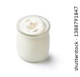 Small photo of Fresh natural homemade organic yogurt in a glass jar isolated on white background