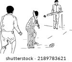 Gully Cricket line art vector, Indian kids playing cricket in street sketch drawing, silhouette drawing of indian child playing cricket match in gully, Indian village cricket clip art
