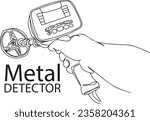 Metal Detector Treasure Hunt - Cartoon Clip Art, One Line Sketch Drawing - Modern Treasure Hunter, Treasure Hunting Adventure - Cartoon Graphic