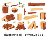 Cartoon wood log and trunk. Wooden lumber materials logs, trunks, stumps, firewood, planks, branches. Hardwood construction elements vector set. Natural plants for construction and material