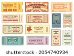 Vintage tickets, retro movie, concert, theater ticket. Old paper voucher card, sports event entrance pass, circus admit one coupon vector set. Different performance and championship