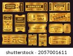 Golden tickets, old vintage coupons, premium gold ticket. Retro cinema or concert admission coupon, circus or theatre invitation card vector set. Voucher for museum and amusement park entrance