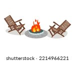 Firepit with wooden chairs around it.  Bonfire on the street. Colored vector illustration isolated on white background