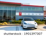 Small photo of Fremont, CA, USA - January 20, 2021: Tesla factory plant, an American electric vehicle and clean energy company based in Palo Alto, California