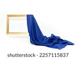 Blue fabric curtains unveiling a levitating golden empty frame, on white background, wallpaper design