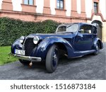 Small photo of Kunin, Czech Republic - 09-28-2019: 9th St. Wenceslas Ride ("Svatovaclavska vyjizdka"). Blue Aero 30 Coupe at the car exhibition before the start in the park of Chateau Kunin.