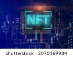 NFT on chip of circuit for selling unique collectibles of artwork. NFT Non fungible token crypto art stock trading concept. Future of art market in blockchain.