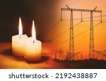 Small photo of Burning flame candle and power lines on background. Energy outage and blackout. Energy crisis. Price increase of electricity for home and industry.