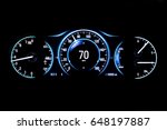Modern light car mileage (dashboard, milage) isolated on a black background. New display of a modern car. RPM, Fuel indicator and temperature. 70 mph.