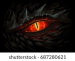 Glowing red eye of black dragon. Digital painting. 