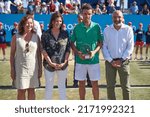 Small photo of Calvia,Spain - June 25, 2022: Roberto Bautista Agut (ESP) finalist of Mallorca Championships ATP250 posing with local personalities hosted by Mallorca country club.