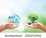 World environment day concept: Two human hands holding earth globe and heart shape of tree over blurred green nature background. Elements of this image furnished by NASA