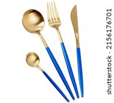 Small photo of Set of fork, knife and spoon isolated on white.Golden spoon fork and knife,3d render of golden fork, spoon and knife isolated on white background