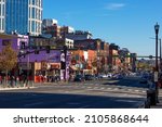 Small photo of Nashville, Tennessee, USA - November 7, 2021: Old town Nashville where tourist walk past many resturants, bars, shops and entertainment.