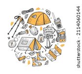 camping kit with hand drawn... | Shutterstock .eps vector #2114060144