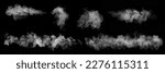 Small photo of A set of 6 different steam, smoke, gas isolated on a black background. Swirling, writhing smoke to overlay on your photos. Smoky banner