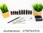 Small photo of working tools and materials for permanent makeup tattooing on a white table pigments maniple ruler needles white background
