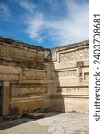 Small photo of Beautiful interior view of the archaeological site of Mitla, in Oaxaca, Mexico. Ancient fretwork in Zapotec temples.