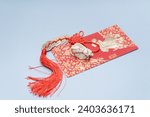 Small photo of Chinese Lunar New Year decoration. Chinese Knot Talisman Copper Coins. Dragon Year symbol, red envelope for money. The Chinese word means happiness or good fortune.
