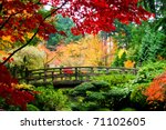 A bridge in a Japanese garden during Fall season