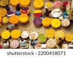 Small photo of K.R.Market,Bengaluru, India -14-08-2022:Top view of biggest flowers market K.R.Market. Flower vendors selling flowers