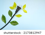 Small photo of Save electricity, unplug appliances and environmental conservation concept. Unplugged electric cord plug with fresh green leaves flat lay.