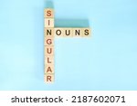 Small photo of Singular nouns concept in English grammar education. Wooden block crossword puzzle flat lay in blue background.