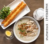 Small photo of rice porridge congee gruel bowl with chicken slices