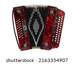Small photo of folklore musical instrument, handmade Russian accordion with painting and inlay, isolated on a white background