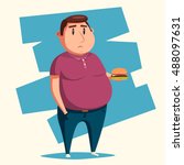 Fat Man With Burger. Cartoon...