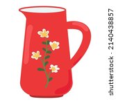 Cute red ceramic milk jug design element flat cartoon illustration. Capacity for drink. Colored tableware hand drawn vector design. Kitchen trendy crockery for hot drink isolated on white background