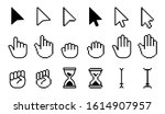 Pointer cursor icons. Computer web arrows mouse cursors and clicking line pointer cursor selecting. Pixel hand, pointer hand, arrow and hourglass logo vector isolated icons set