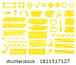 Hand drawn marker strokes. Yellow marker stroke lines, markers stripes and highlight elements, permanent marker signs vector illustration set as check marks, heart, arrow with various direction